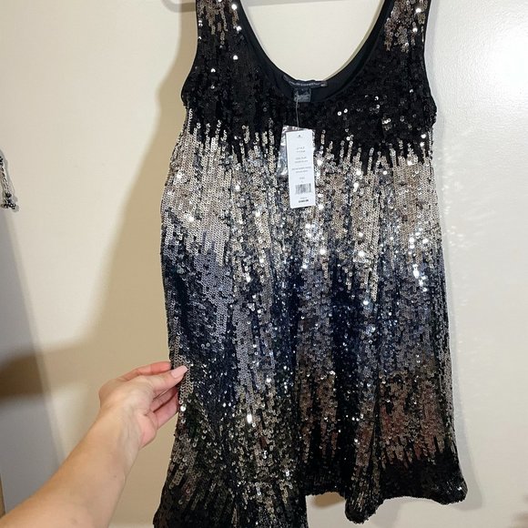 French Connection Estari ombre swing mini dress in silver & black Size L - Picture 4 of 7